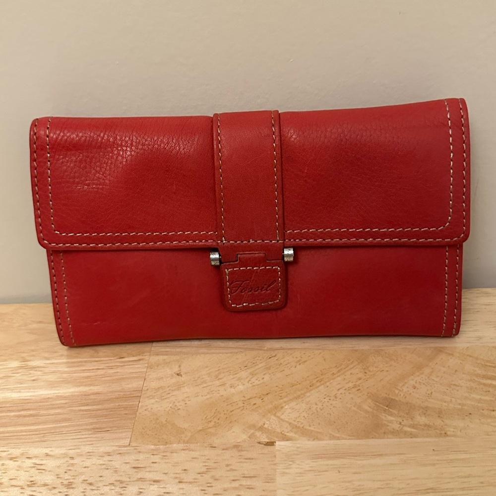 Fossil Red Leather Checkbook Wallet